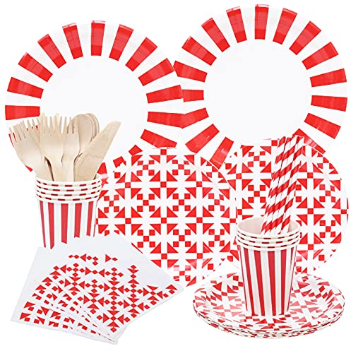 NININI 128 Pezzi Stoviglie Per Feste,Stoviglie Per Feste a Righe,Include Carta,Tovaglioli, Bicchieri Di Carta e Cannucce,Forchette,For Matrimoni,Anniversari,Compleanni (16 Ospiti) (rosso)