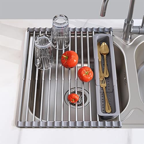 JASIWAY Abtropfgitter Spüle, Faltbare und Abnehmbare Geschirrabtropfgestell über Dem Spülbecken, Edelstahl Abtropfgitter spüle für Tassen, Obst, Gemüse, Schwarz(32.5-59.1cm)