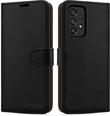 iCatchy for Samsung Galaxy A53 Case Leather Wallet Book Flip Folio Stand View Kickstand Card Slots Full Protection Folio Cover Compatible with Samsung A53 5G (Black)