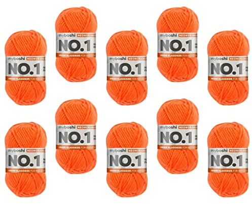 myboshi No.1 Wolle zum Häkeln und Stricken, Schnellstrickgarn, langlebige Mützenwolle, Strickwolle, Häkelwolle, mulesing-frei, 50g, Ll 55m Neonorange, 10 Knäuel