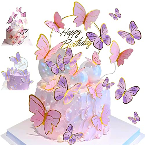 JUZICHEN 21 Pièces Decoration Gateau Anniversaire,Papillon Decoration Gateau,Papillon Décoration Gâteau de Mariage,Decoration Gateau Anniversaire Fille, décoration papillon anniversaire