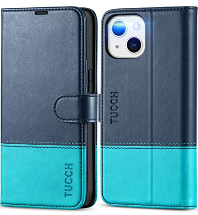 TUCCH Hülle für iPhone 13 Handyhülle [RFID Blocker] TPU [Kartenfächer] [Ständer] [Magnet] Stoßfeste Schutzhülle, Cover kompatibel mit iPhone 13 5G 2021 (6,1 Zoll) Dunkelblau-Seeblau