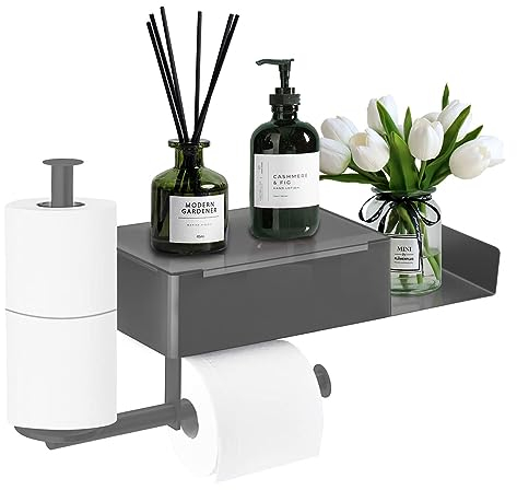 Porte Papier Toilette, Support Papier Toilette Mural sans Perçage avec Étagères et Boîte à Lingettes Humides, Porte Rouleau Papier Toilette avec 2 Porte Rouleau pour Salle de Bain et Cuisine, Gris