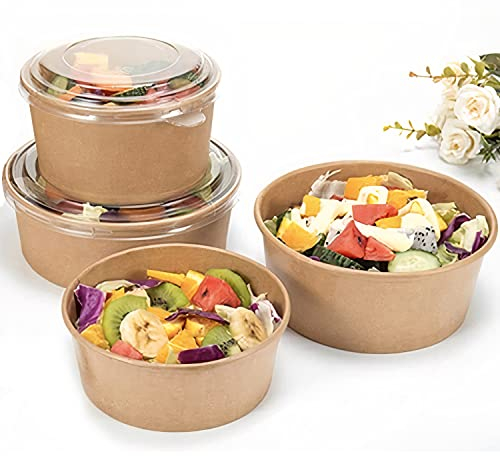 50x Round Kraft Brown Takeaway Paper Bowls with Lids | Reusable Stackable Food Storage Soup Salad Containers Deli Tubs Lid Heavy Duty | Recyclable Meal Prep box for Lunch safety (Round 500ml)