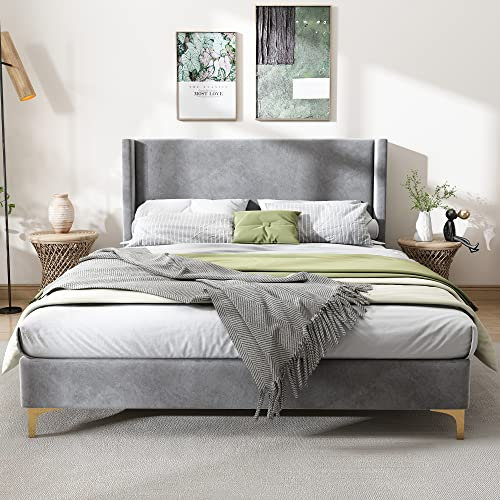 Azkoeesy Polsterbett Doppelbett 140 x 200 cm mit Lattenrost, Golden Metallbein, Bezug aus Samt, Grau
