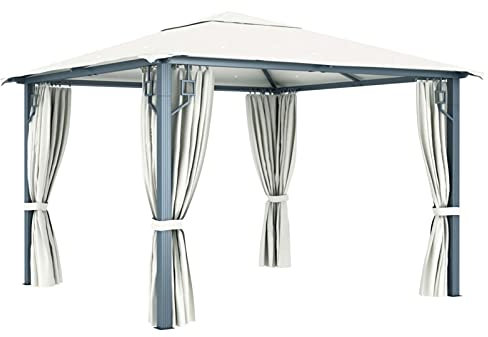 Homgoday Pavillon mit 4 Seitenvorhänge und Netzfenster Gartenzelt Partyzelt UV-Schutz mit LED-Lichterkette Gartenpavillon Gartenlaube für Freien Garten Party 300x300 cm Creme Alu