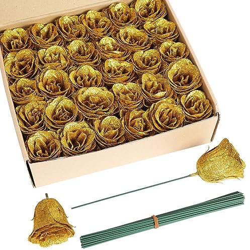 ICBOX Goldene Rosen, 30 Stück, glitzernde Rosen, goldene Blumen, künstliche Rosen mit Stielen zum Basteln, Hochzeit, Blumenstrauß, Party, Heimdekoration (Gold)