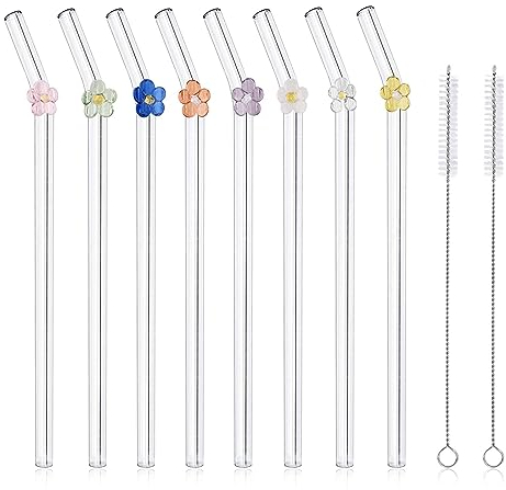 8 Pcs Glass Straws Reusable with Flowers, Cute Colorful Flower Glass Straw Clear with 2 Straw Cleaner Brush, Dishwasher Safe Reusable Straw for Milkshakes Juices Cocktail Smoothie Teas