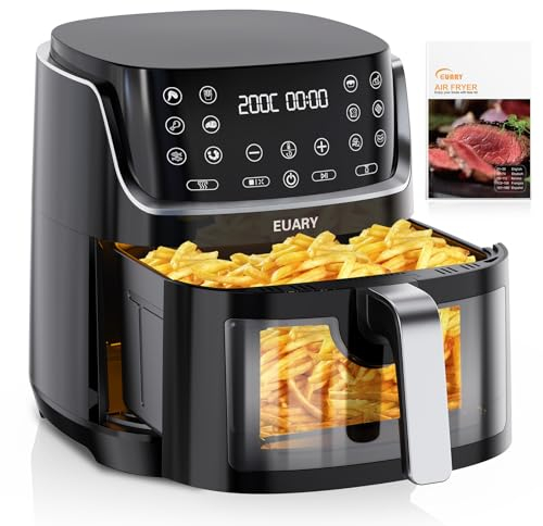 EUARY Friteuse sans Huile 8L Avec Fenêtre Visible Air Fryer 1700W Panneau tactile LED Friteuse à Air Chaud avec 12 Programmes Utilisation dans panier ou tiroir. Livre de recettes inclus