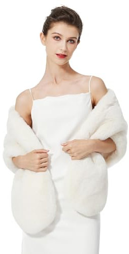 BEAUTELICATE Châle Étole en Fausse Fourrure Écharpe Boléro De Femme Mariage Hiver sur Robe de Soirée Mariée Cérémonie Fête Demoiselle d'honneur (Taille Unique, Amélioré - Ivoire)