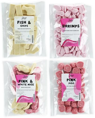 Just Treats Sweet Quartet - Pink Pigs, Pink and White Mice, Candy Foam Shrimps, Fish n Chips (4 x 175g Bags) - 8,11,23,24