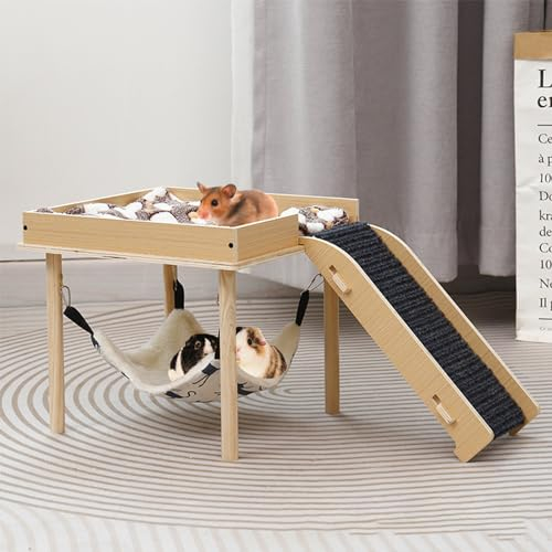 Whemyreat Meerschweinchen Hängematte Mit Gestell,3-In-1 Meerschweinchen Hängematte Mit Plattform, Holz Meerschweinchen Versteck Mit Treppen, Kleines Haustierbett Für Hamster, Chinchilla, Kaninchen