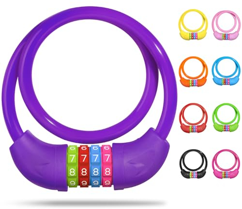 SPGOOD Fahrradschloss mit Zahlen für Kinder(10 x 650MM),Anti-Diebstahl Kabelschloss Code Kombination,Fahrrad Zahlenschloss für Mädchen Jungen,Fahrrad Zubehör Kinder Fahrrad Schloss(Lila)