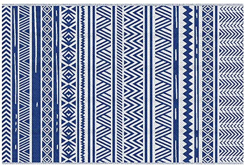 Outsunny Alfombra de Exterior 182x274 cm Alfombra Reversible con Patrón Geométrico Impermeable para Terraza Balcón Patio Camping Playa Azul Oscuro y Blanco