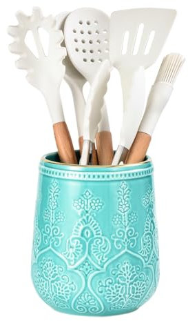 Lunaicorn Soporte para utensilios, soporte grande para encimera de cocina, organizador de utensilios de cocina de cerámica de 6.5 pulgadas, decoración de cocina para encimera (turquesa)