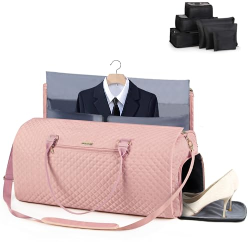 Lekeinchi 2 in 1 Kleidersack Reisetasche Damen, Großer Faltbare Reisetaschen Weekender mit 6 Packwürfeln & Schuhfach, Flugzeug Sporttasche Travel Bag Handgepäck Tasche für Weekend, Reise, Gym-Rosa