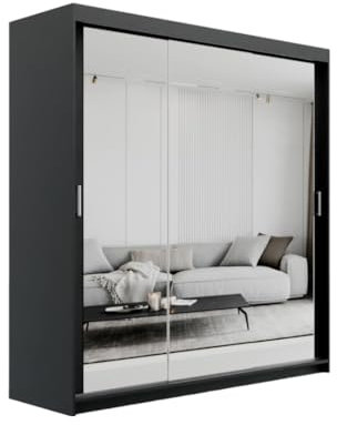 ELUKS SKY Double Sliding Doors Wardrobe with Mirror Drawers Furniture for Bedroom Living Room and Hall Wardrobe Organizer Width 100cm/120cm/150cm/180cm/200cm (Black, 200cm+ 4 drawers)