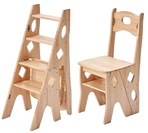 Scaletta a 4 Gradini Sgabello in Legno, Scale Pieghevoli Sedia Cucina di casa Libreria Scaletta Multifunzione Sgabello Pieghevole Portatile Mobile, Colore Legno Naturale
