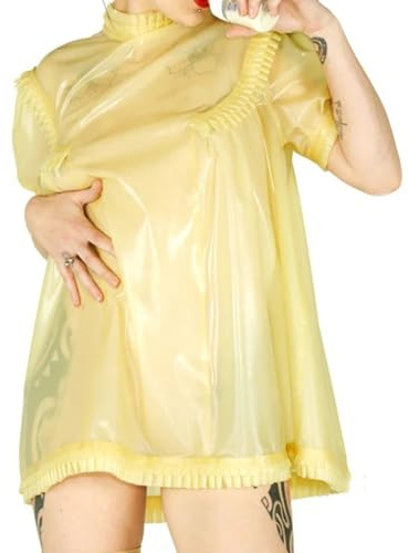 MITCJS Sexy Latex-Pyjama, transparent mit Rüschen, Reißverschluss hinten, kurze Ärmel, Gummi-Nachthemd, gelb, X-Large