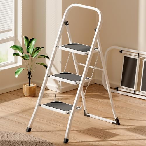 Heilmetz Escabeau 3 marches Pliable, Escabeau avec Main Courante et antidérapant 3 marches Larges,Crochet de sécurité, Capacité de 150 kg, Échelles Doubles Pliante pour Maison Bureau Commerces