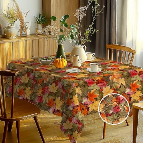 Autumn Rectangular Tablecloth Wipe Clean, Wipeable Waterproof Maple Leaves Polyester Tablecloths, Table Cloth Wrinkle Resistant Table Cover for Home Dinner Party Picnic Outdoor 140x180cm