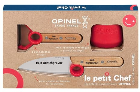 Opinel Le Petit Chef Lot de 3 couteaux de cuisine pour enfant avec manche en bois - Gravure personnelle - Éplucheur - Inoxydable - Protection des doigts - Cadeau (rouge)