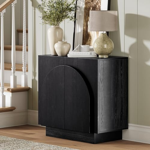 Nathan James Iris Mid-Century Modern Credenza Schwarzes Sideboard Buffet, Wohnzimmer Holz Aufbewahrungsschrank mit gewölbten Schranktüren, Schwarzer Credenza Schrank für Küche oder Wohnzimmer