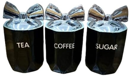 Biznest Set Of 3 Jars Silver Bow Lid Kitchen Canister Jar For Tea Coffee Sugar Storage Pots Marble Effect Home Decor Dining Table Eye-Catching Glamorous Design (Black)
