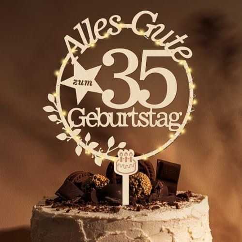 Giftota Cake Topper 35. Geburtstag Holz Mit LED Lichterkette - Deko Und Tortendeko - Kuchen Deko für Frauen Und Männer