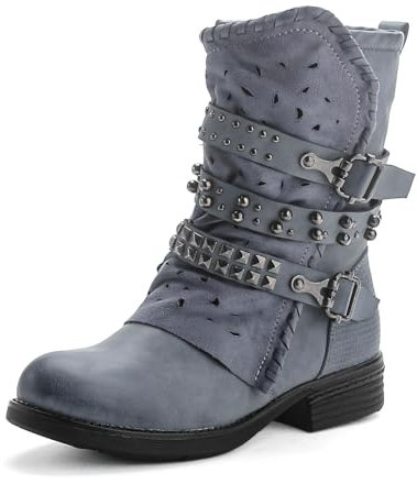 Pogolino Damen Stiefeletten Nieten Biker Boots mit Reißverschluß flach bequem Stiefel ST016 (ST15 Blau 42)
