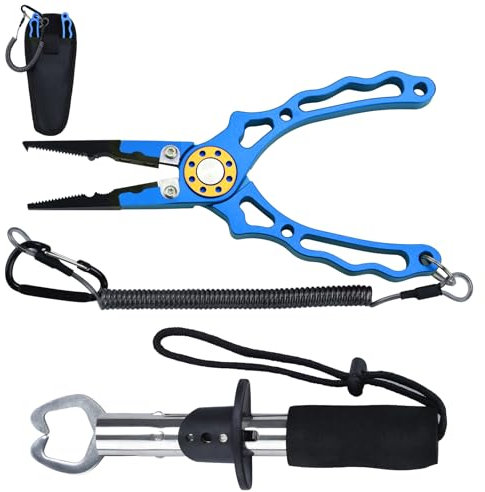 TMZDCJK 4-Piece Set Corrosion Saltwater Resistant Fishing Tools,Multi-Function Aluminum Fishing Plier with Innovative Ergonomical Handle,Fishing Gifts for Men(Blue)