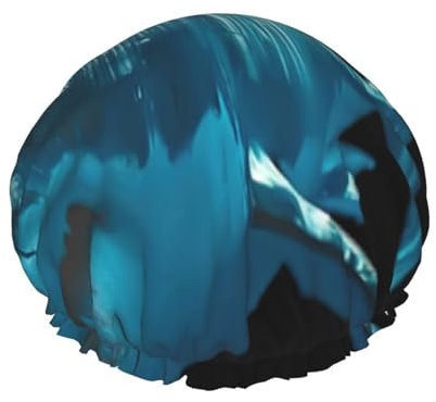 Duschhaube mit blauem Hai-Druck, elastisch und wiederverwendbar, doppellagig, wasserdicht, Badehaube