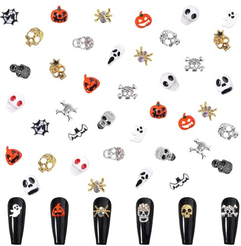 Halloween Nail Art Charms,40pcs Ghost Head Spider Nail Gems with Rhinestones,Skeleton Skull Pumpkin Spider Web Bat Gold Silver Alloy Nail Art Jewelry Decoration for DIY Halloween Nail Design Crafts
