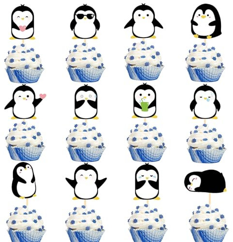 Silars Pinguin Cupcake Topper, 24 Stücke Tortendeko Pinguin Deko Geburtstag Jungen Mädchen, Pinguin Tortenaufleger für Cupcake DIY Deko für Tiermotiv, Babyparty, Geburtstag, Party