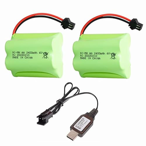 Cecicebb 6V 2400mAh Wiederaufladbarer AA Akku Pack mit SM 2P Stecker für Amphibien RC Auto Outdoor Solar Licht Elektrowerkzeuge RC LKW Auto 2 Pack mit USB Ladekabel