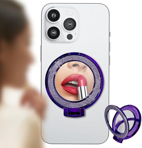 Phone Ring Holder, Diamond Bling Mirror Cell Phone Grip Stand, Supports Magnetic Charging, Adjustable Angles, Always Keep Your Beauty on Point (Purple)