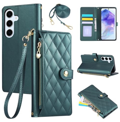 Rosbtib Étui pour Samsung Galaxy A55 5G 6.6 Pouces 2024, Coque pour téléphone Portable en Cuir PU avec Broderie en Losange, Galaxy A55 5G Étui à Rabat avec dragonne et bandoulière, Vert