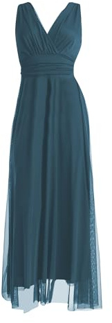 VALORIALUXE Abito Lungo da Cerimonia Donna in Tulle Elasticizzato con Scollo a V – Made in Italy (IT, Testo, L, Regular, Regular, Petrolio Blu)
