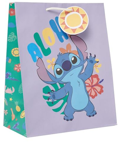 UK Greetings Disney Stitch Große Geschenktüte für sie/Mädchen, Partytüten für Geschenke, Geburtstage, Hochzeiten, Muttertag, violettes Design, 26,7 x 33 x 13,7 cm
