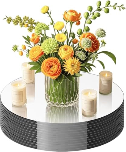 CEUQIESO Pack of 10 Round Mirror Centre Pieces for Table Decorations, 8 Inch Acrylic Circle Mirror Tray Candle Plate Centre Piece for Wedding Table Decorations Wall Decoration (Round, 8 Inches)