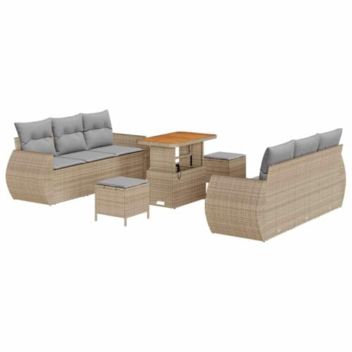 vidaXL 9-teiliges Garten-Sofaset mit Kissen in Beige aus Poly Rattan und Akazienholz, modulare Bauweise, verstellbare Füße, perfekt für den Außenbereich, Terrassenmöbel, Sitzecke, Gartenlounge.