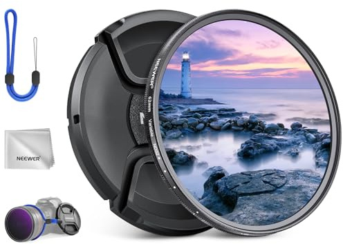 NEEWER Filtre ND Variable de 62mm avec Capuchon d'objectif, Chiffon de Nettoyage, ND2-32 (1 à 5 arrêts) réglage précis de la densité Neutre, Verre Optique Multicouche, Accessoires de Photographie