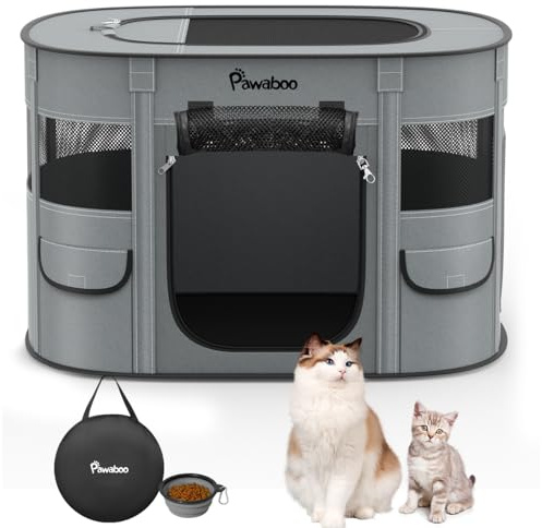 Pawaboo Tragbarer Hunde-Laufstall aus 600D Oxford-Gewebe,M, Koksgrau | Faltbarer Haustier-Laufstall mit Netzfenstern, aufrollbaren Türen, Tragetasche und faltbarem Napf, 80×60×55 cm(M)
