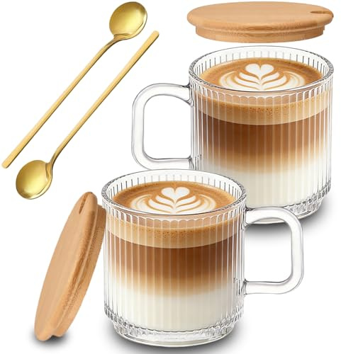 hosck 2 Pack 480ml Coffee Mug Set, Clear Glass Coffee Mugs, Coffee Cups with Lid and Spoon, Dishwasher & Microwave Safe Glass Mug for Coffee Juice Yogurt, Ideal Gifts for Women, Men, Coffer Lovers