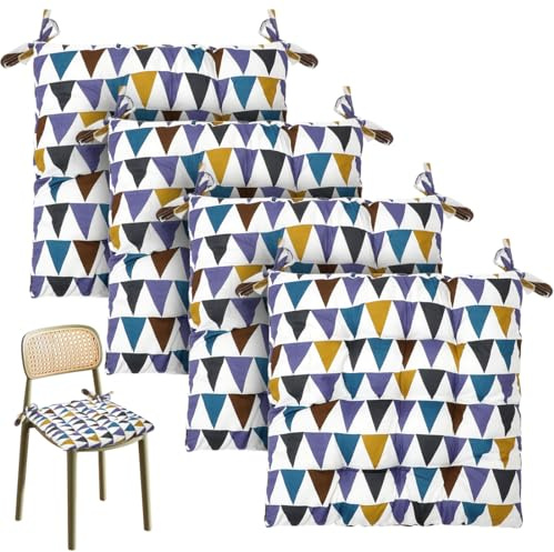 4 Stück Cartoon Stuhlkissen, 40 x 40 cm Sitzkissen mit Bändern, Kissen für Gartenstühle, Sitzpolster für Indoor und Outdoor, Stuhlauflage für Esszimmer, Wohnzimmer, Studierzimmer (Muster-Geometrisch)