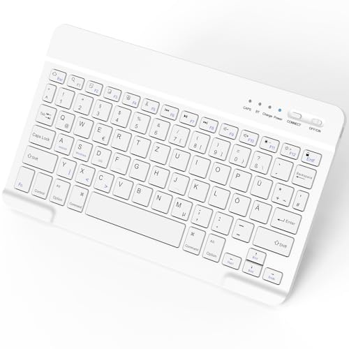 NEWCOO Kabellose Tastatur, Deutsche Bluetooth Tastatur für iPad Air/Pro/Mini/iPhone/Samsung/Lenovo/Huawei/Tablet, Ultra Dünn Wiederaufladbar, Tragbare Kabellose, Kompatibel Windows, Android, IOS, Weiß