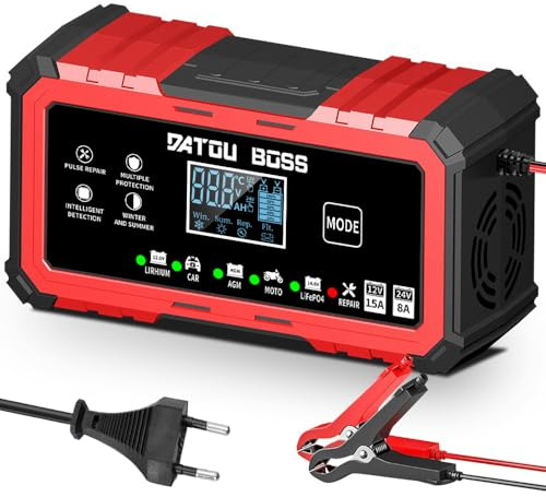 DATOUBOSS Carica Batteria per Auto 15A/8A 12V/24V, Carica Batteria Intelligente con Riparazione e Compensazione Termica, per Auto Moto Barca, per LiFePO4 Piombo-Acido AGM GEL (12V 15A/24V 8A)