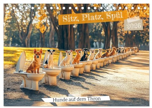 Sitz, Platz, Spül - Hunde auf dem Thron (Tischkalender 2026 DIN A5 quer), CALVENDO Monatskalender: Lustiger Hundekalender mit süßen Hunden auf dem WC die Spaß und Humor lieben (CALVENDO Spass)