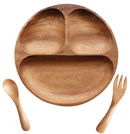 TAMUME Assiette en Bois avec 3 Compartiments pour Enfants - Plateau en Bois pour les Enfants, Set de Cuillères et Fourchettes en Bois pour les Enfants, Plat à Vaisselle Marron Foncé