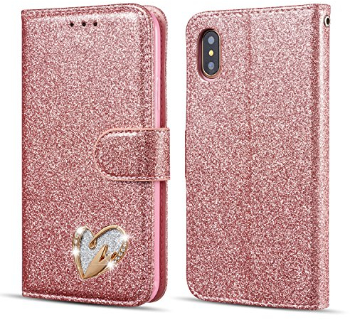 Coque à rabat incrustée de cœurs pour iPhone X iPhone XS Max rose gold